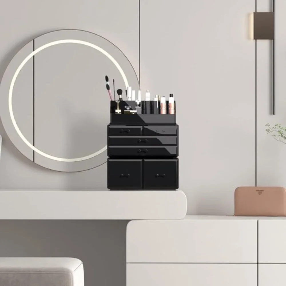 New 3-Piece Makeup Organizer, Black Cosmetic Storage Case with 6 Drawers
